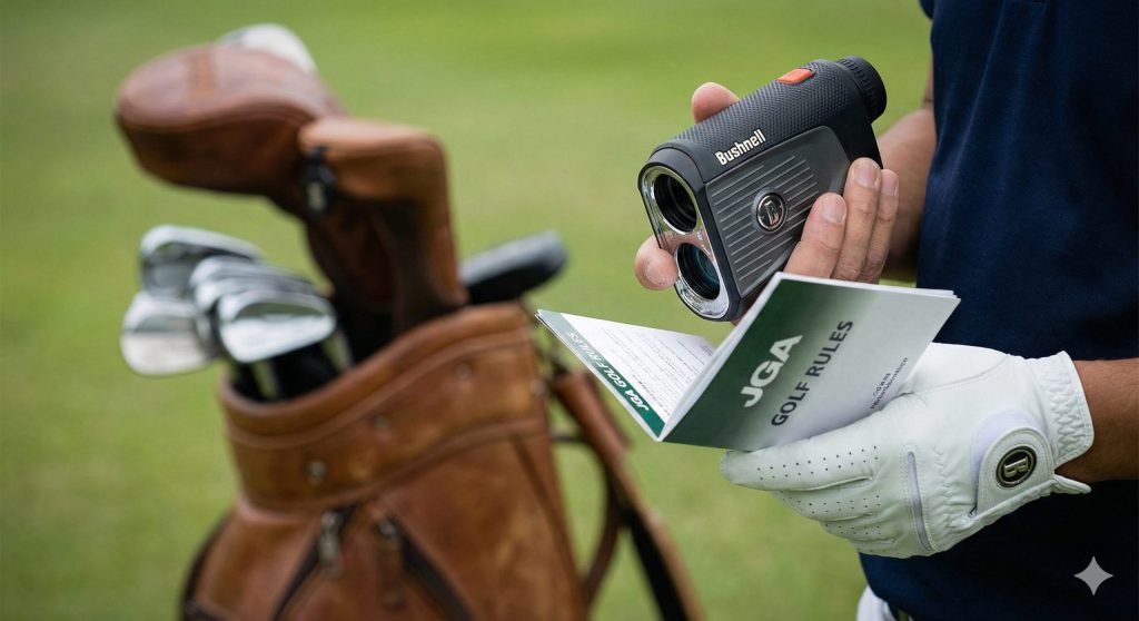 手元にフォーカス。レーザー距離計とルールブックを持ち、準備の重要性を強調する構図。