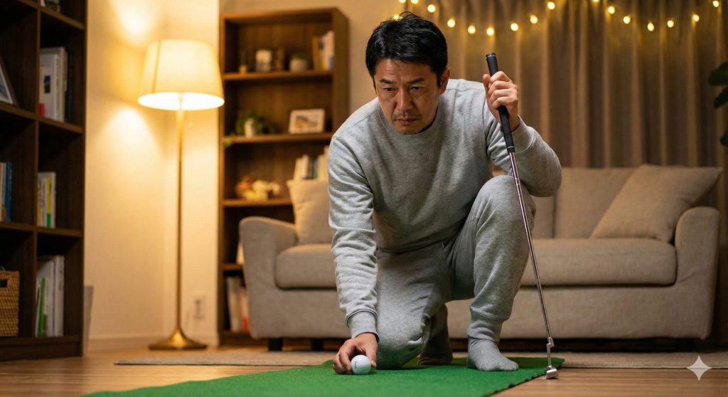 夜、自宅のリビングでパターマットを使って真剣に練習する40代日本人男性。仕事後の努力を表現。