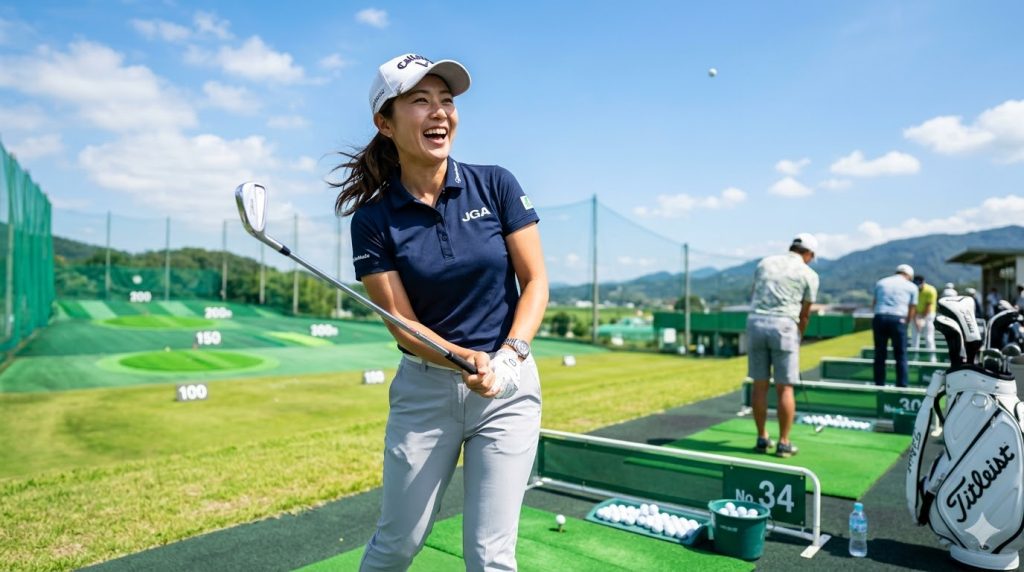 7番アイアンでナイスショットをして笑顔の日本人女性