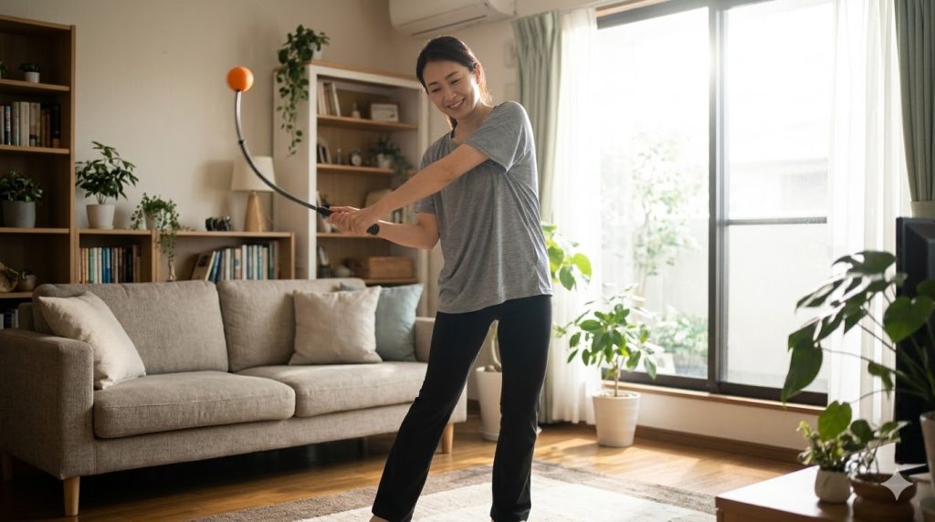 自宅で素振り練習器具を使って練習する女性