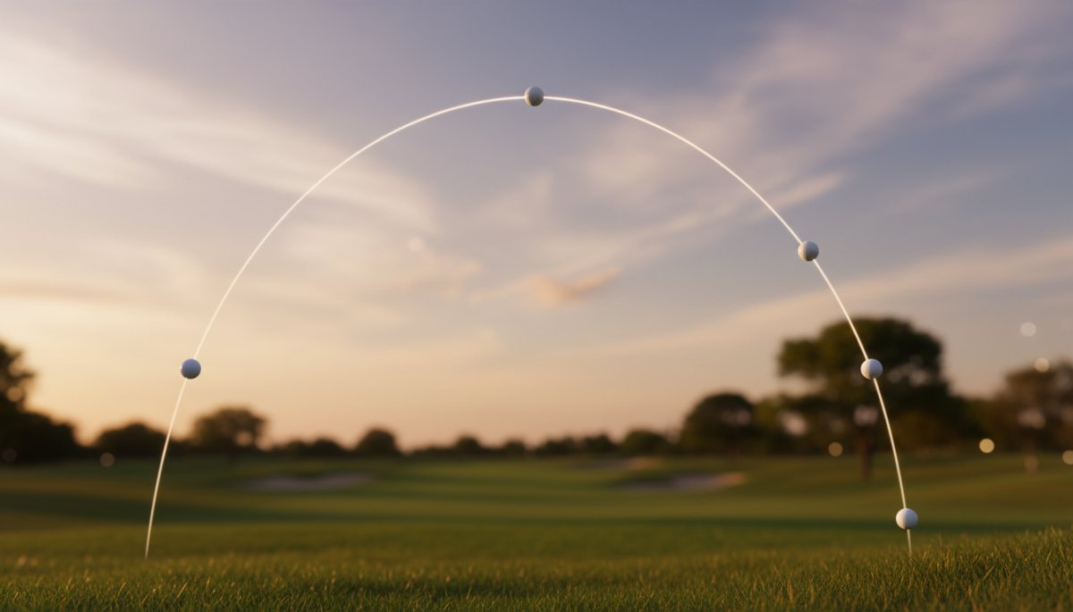 ゴルフボールの放物線軌道と最高到達点の解説図