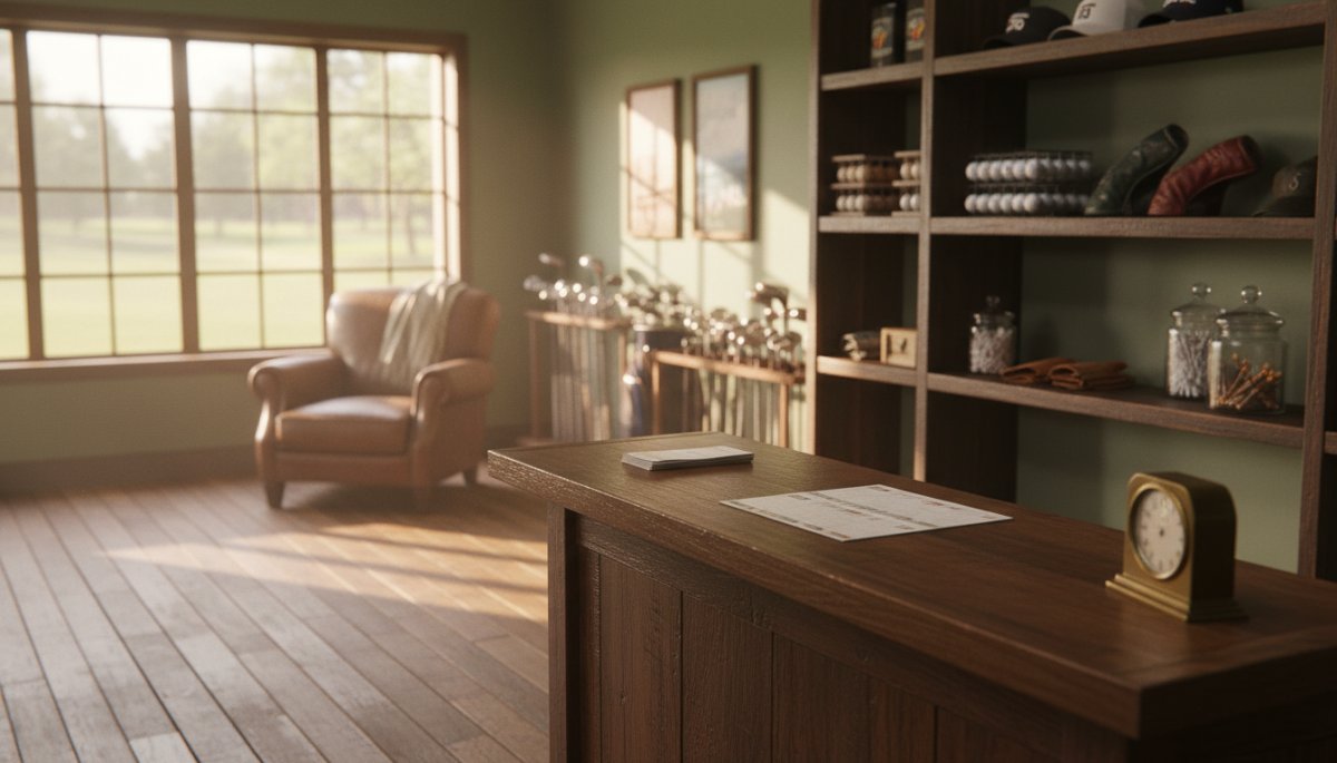 ゴルフ場のスタート室やプロショップの様子