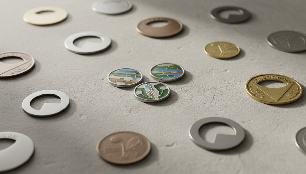 様々なサイズのゴルフマーカーと硬貨の比較