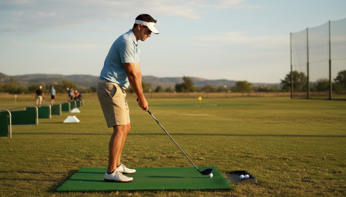 ゴルフ練習場でアイアンを構えるゴルファー