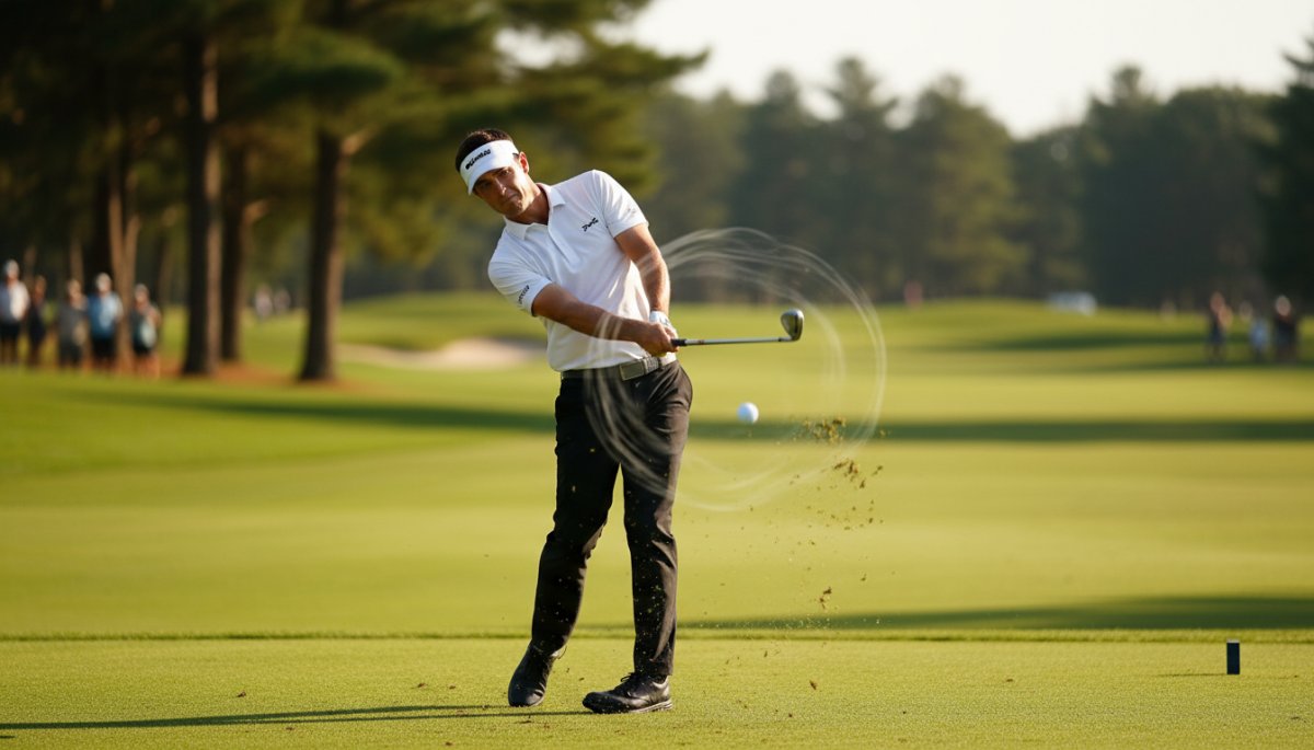 プロゴルファーがアイアンショットを打つ瞬間