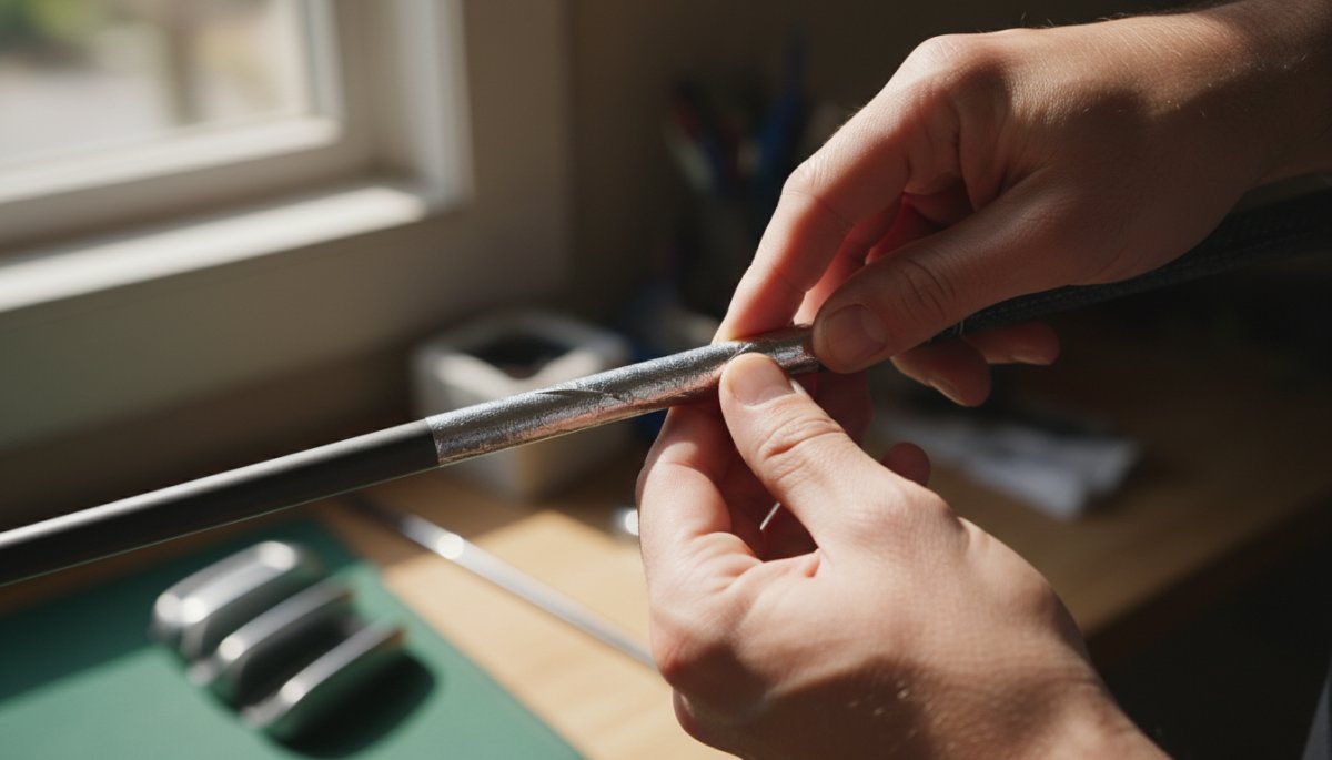 ゴルフクラブのシャフト手元部分に鉛を貼る様子