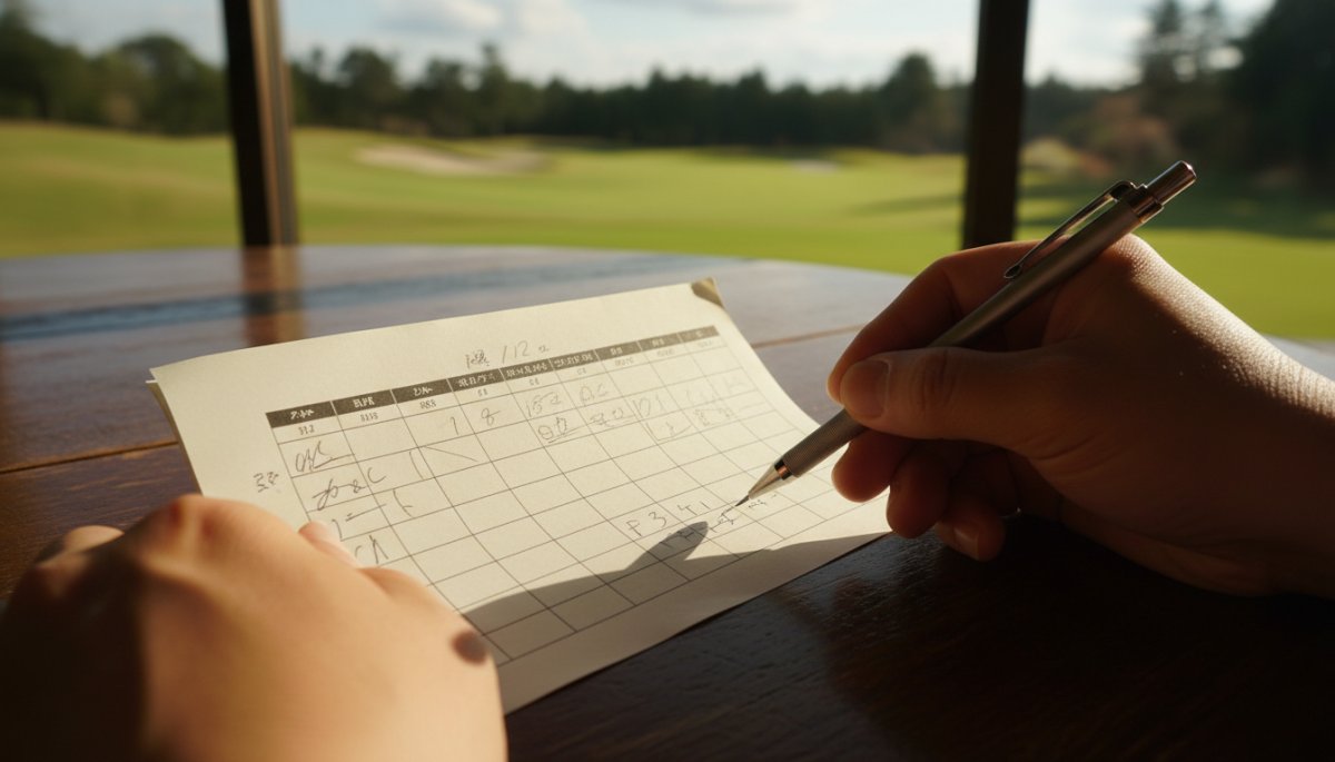 ゴルフコンペでスコアカードを確認する様子