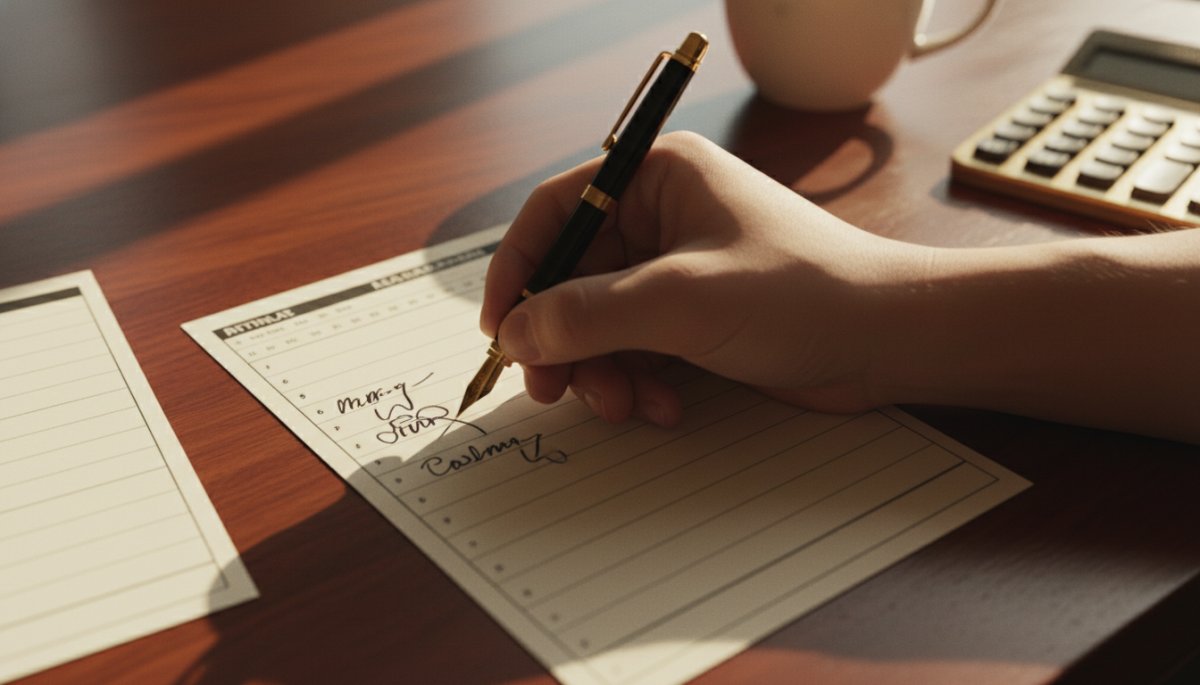 ゴルフスコアの計算式とペンで記入する手元