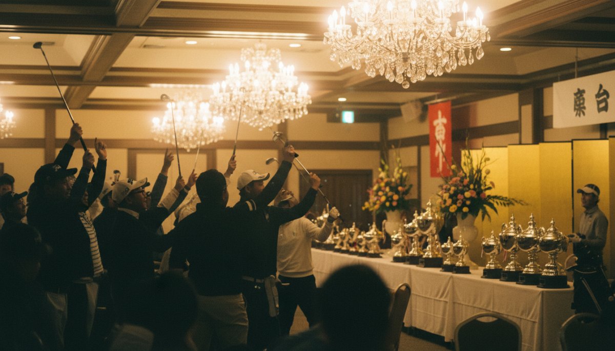 ゴルフコンペの表彰式で喜ぶ参加者たち