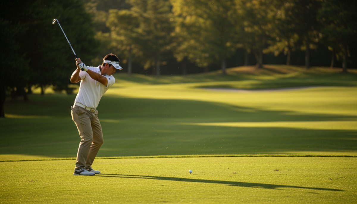 ゴルフコースでショットを打つプレーヤーの集中した表情