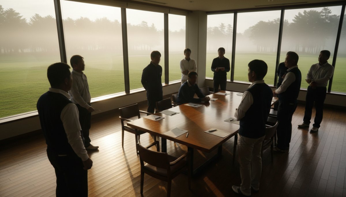 ゴルフコンペの幹事が参加者に説明する様子