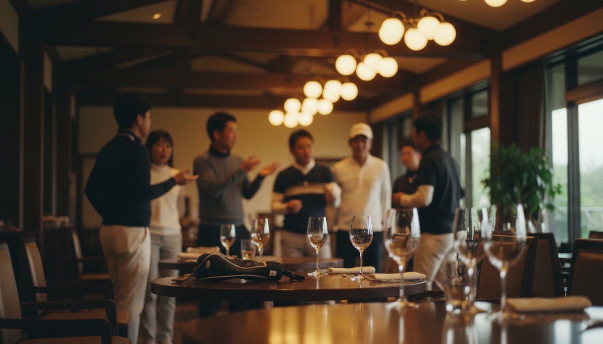 ゴルフコンペ後の懇親会で談笑する参加者たち