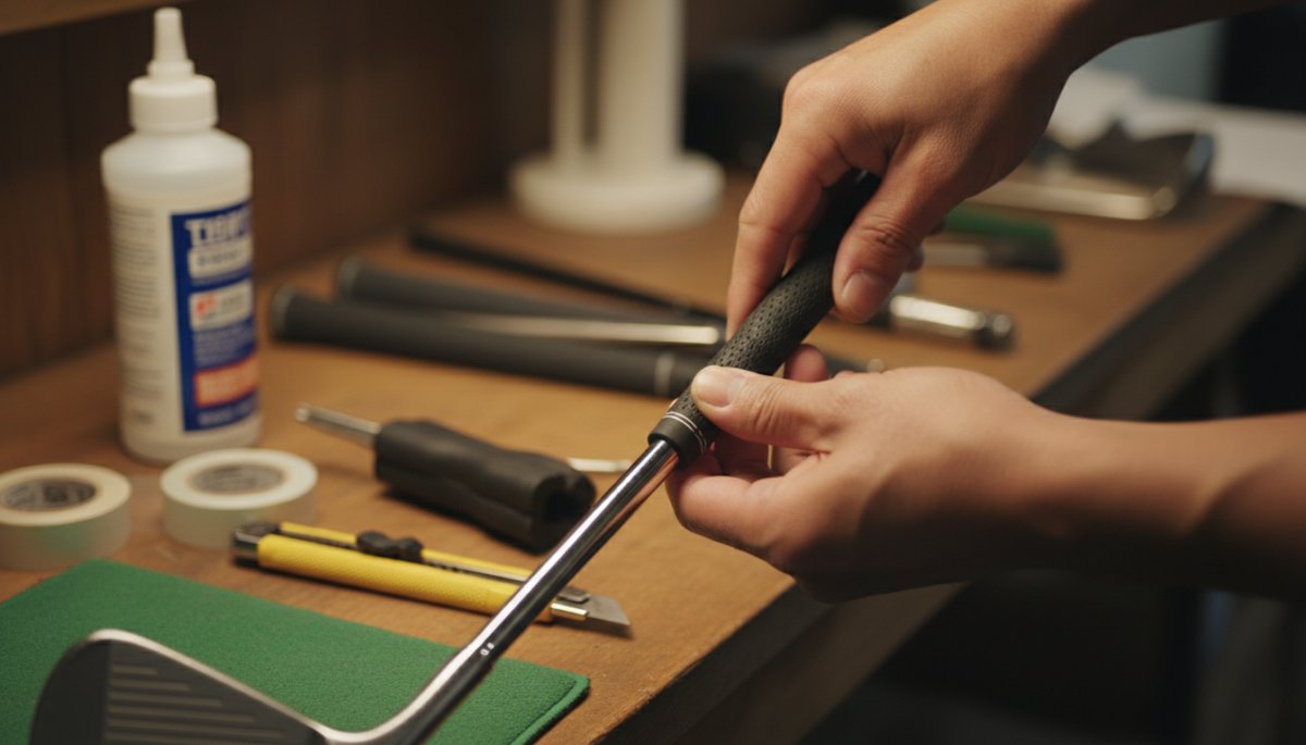 ゴルフクラブのグリップ交換作業風景