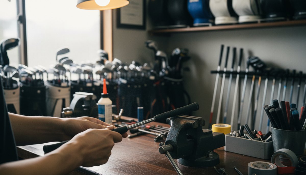 ゴルフショップの工房でグリップ交換作業
