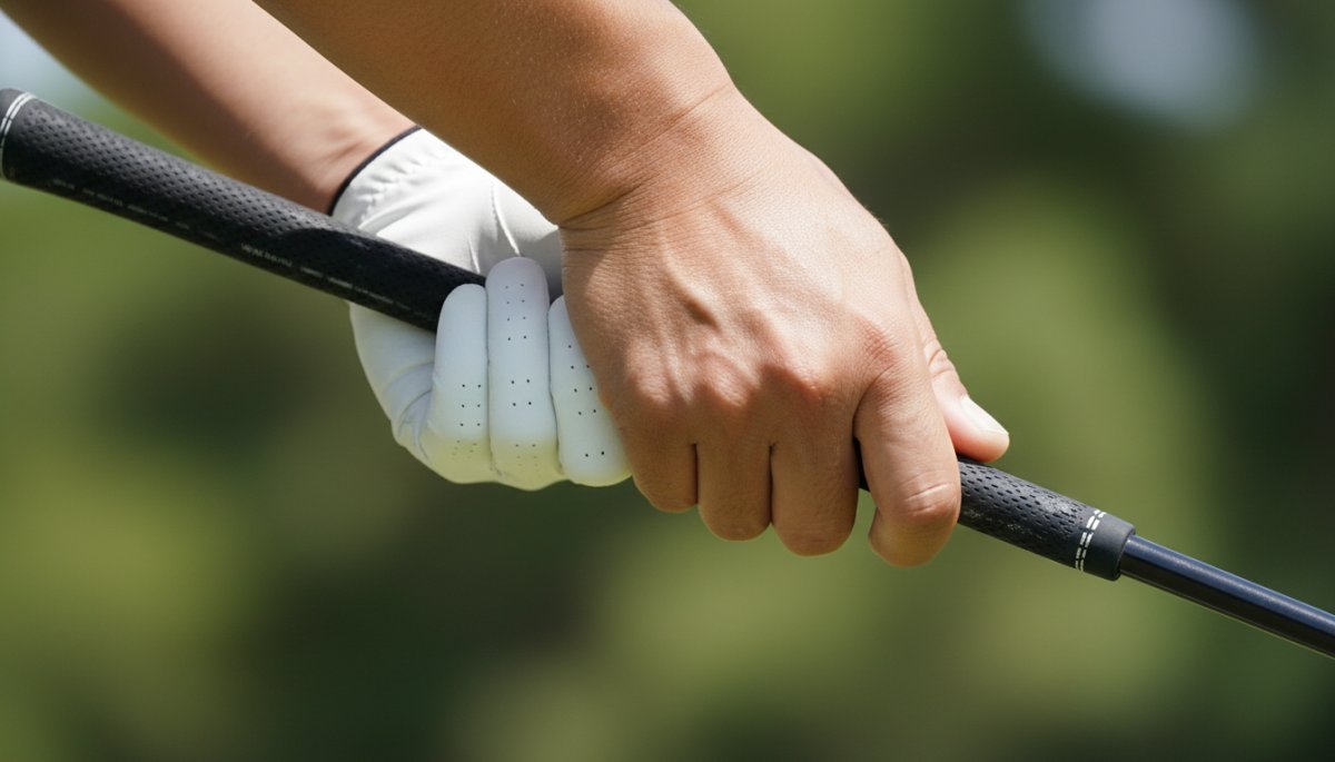 ゴルフクラブのグリップを握る手元のクローズアップ