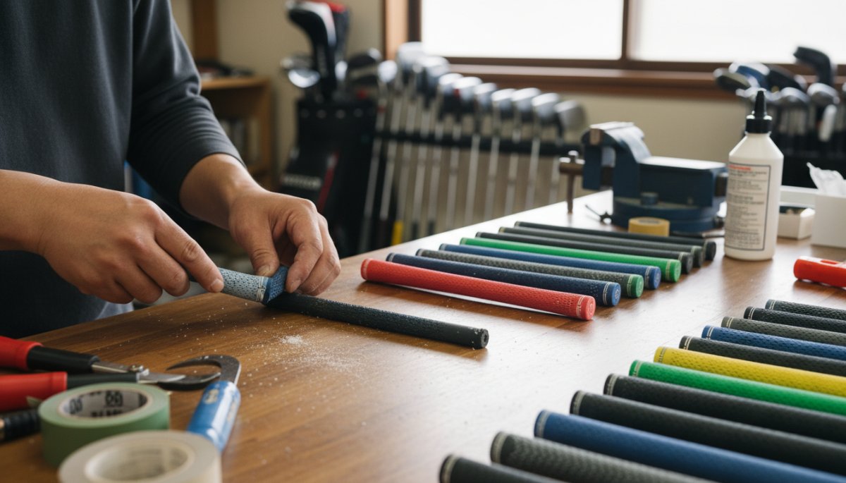 ゴルフクラブのグリップ交換作業風景