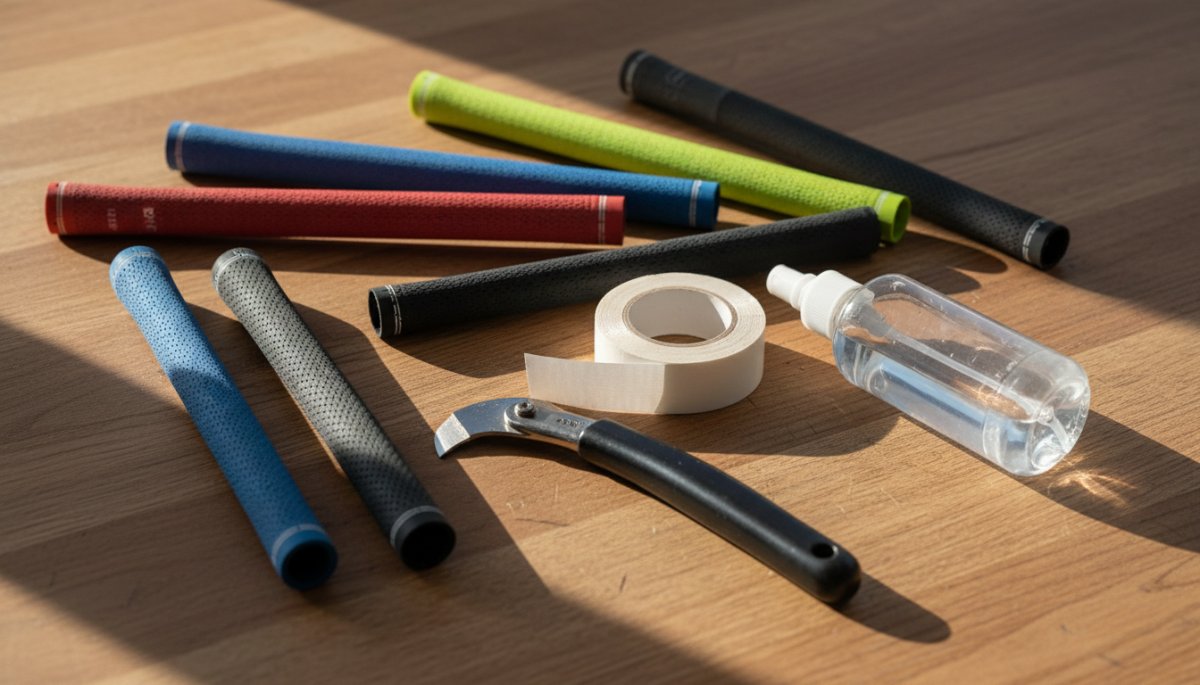 ゴルフグリップ交換の工具とグリップが並ぶ作業台