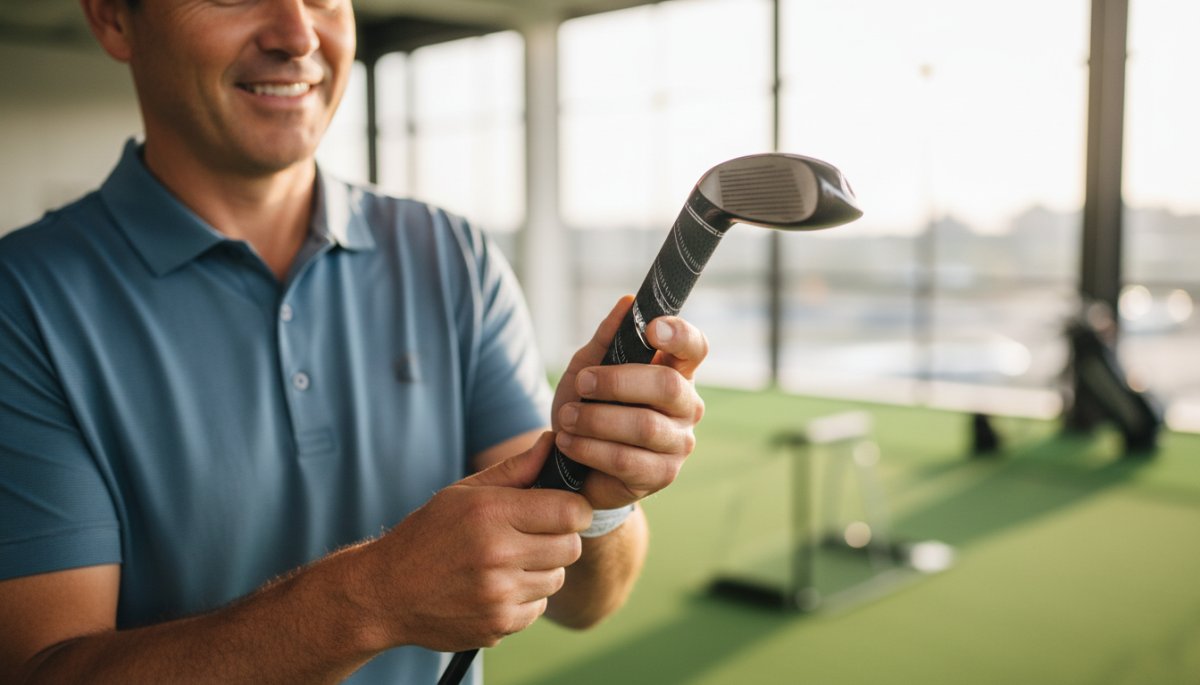 ゴルフクラブのグリップ交換完了後の満足げな様子