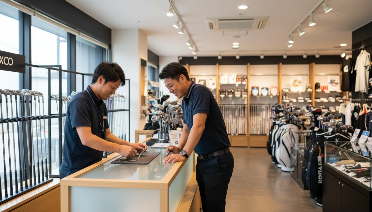 ゴルフショップの店内でグリップ交換サービスを受けるゴルファー