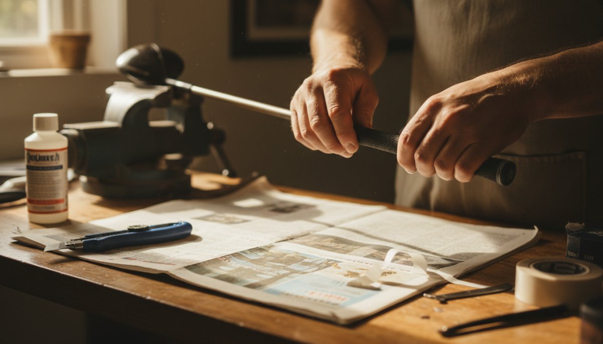 自宅でグリップ交換作業を行う様子