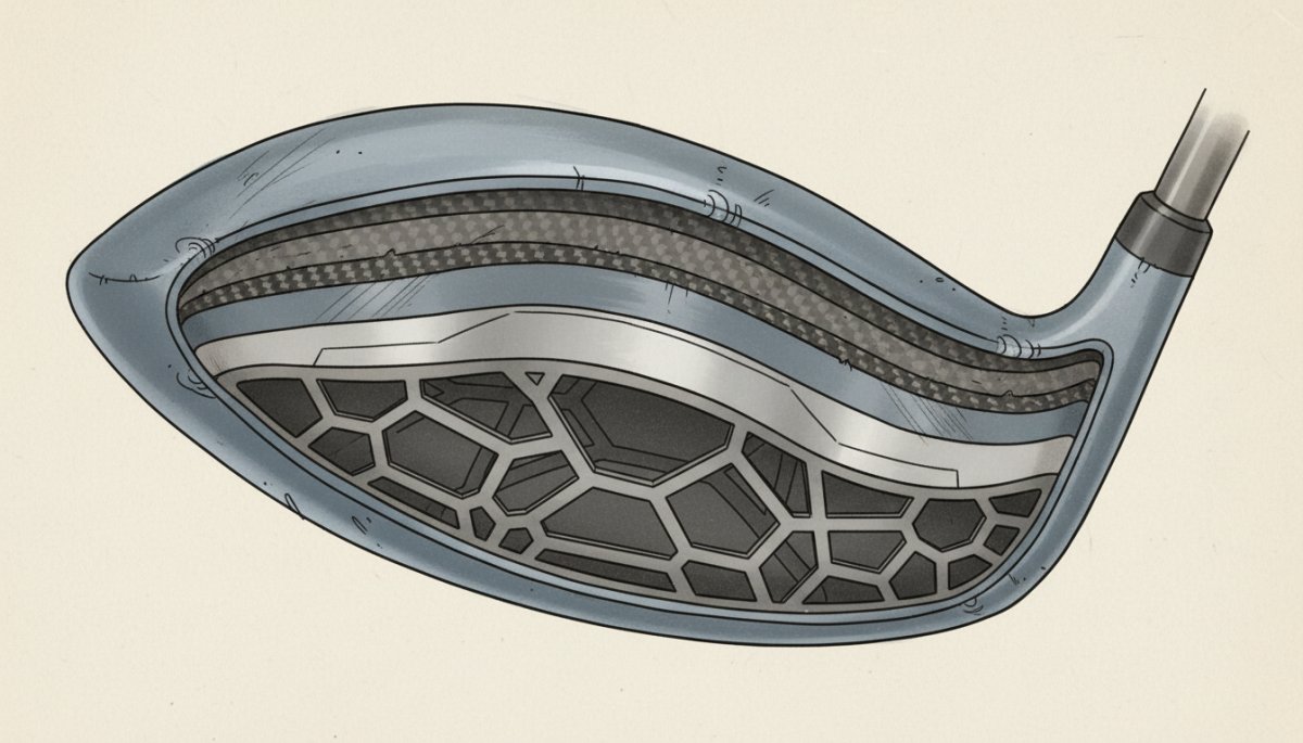 ゴルフドライバーのクラウン部分の構造と素材の詳細図