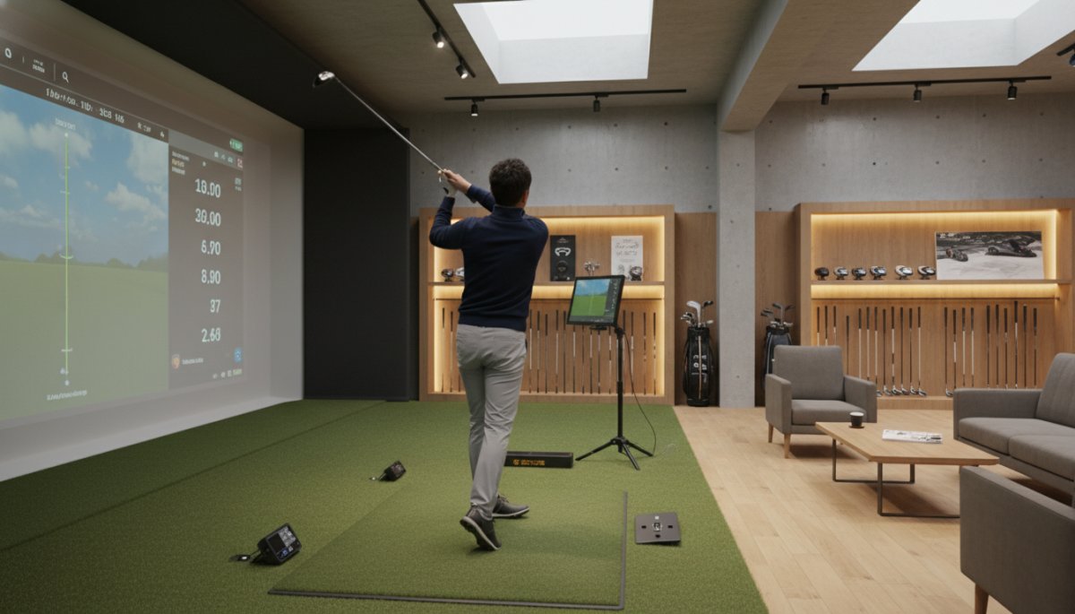 ゴルフショップの試打室でドライバーを試打する様子