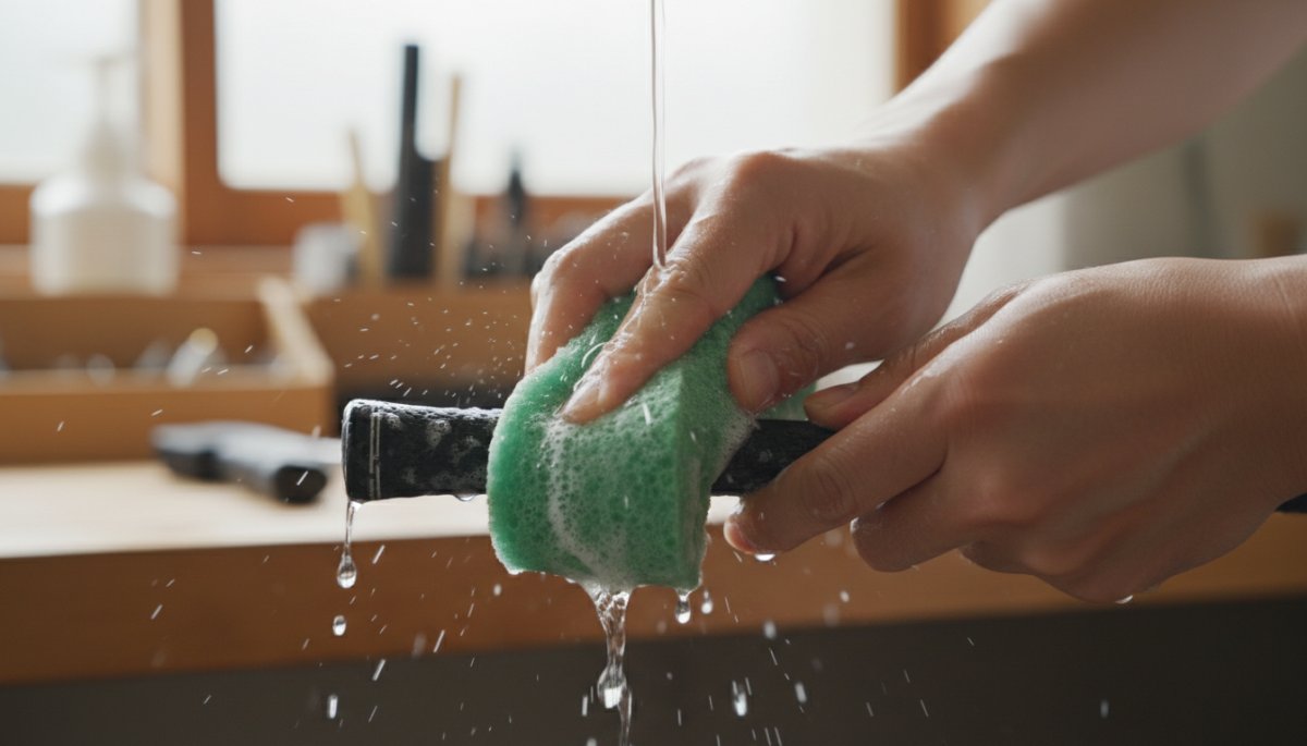 スポンジでゴルフグリップを洗浄している様子