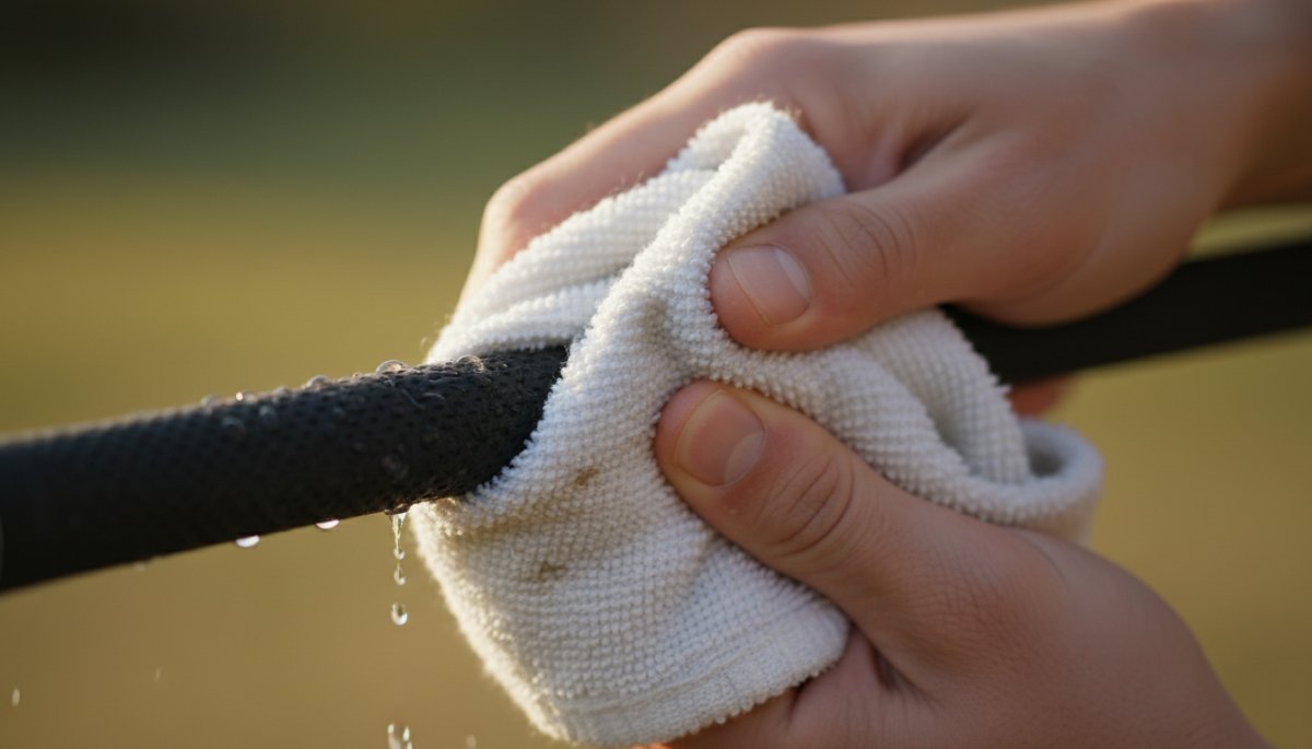 タオルでグリップを拭いている手元