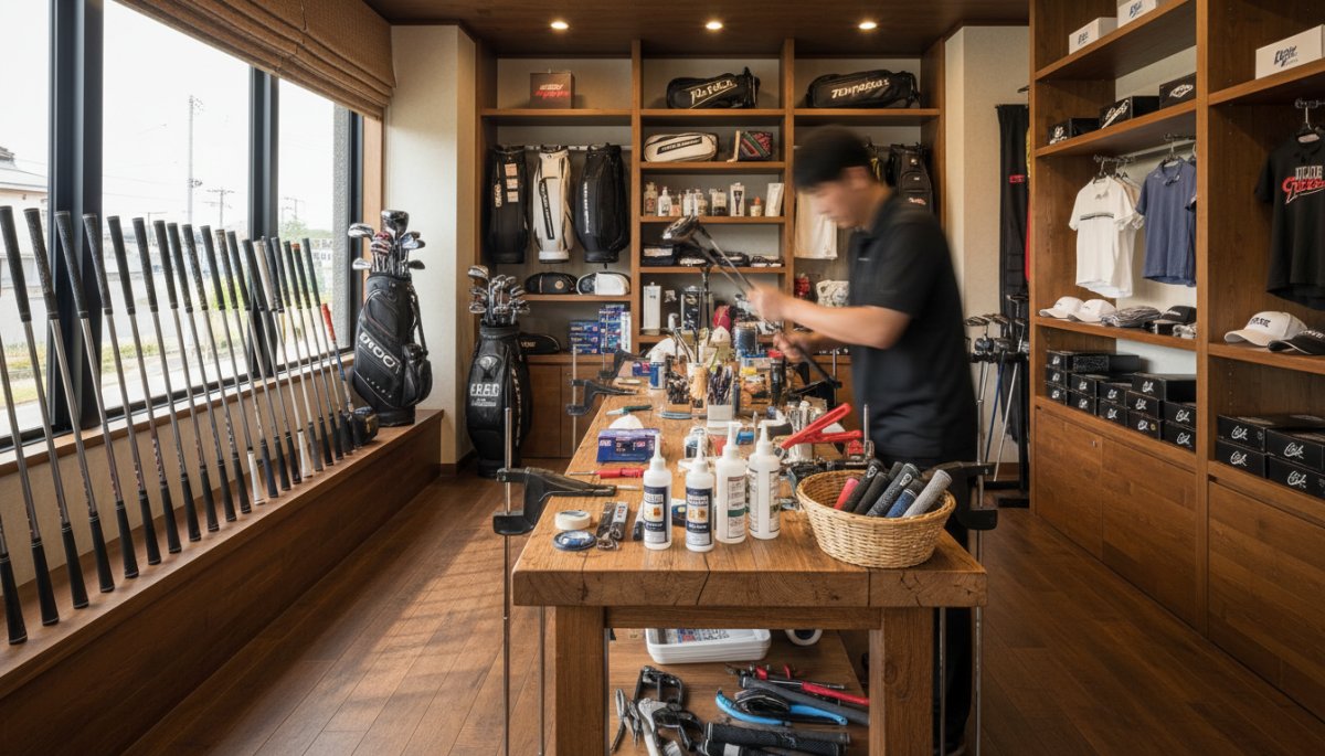 ゴルフショップでのグリップ交換サービスの様子