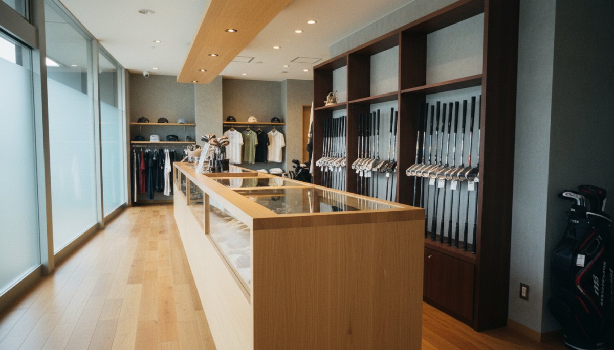 ゴルフショップのグリップ交換カウンター風景