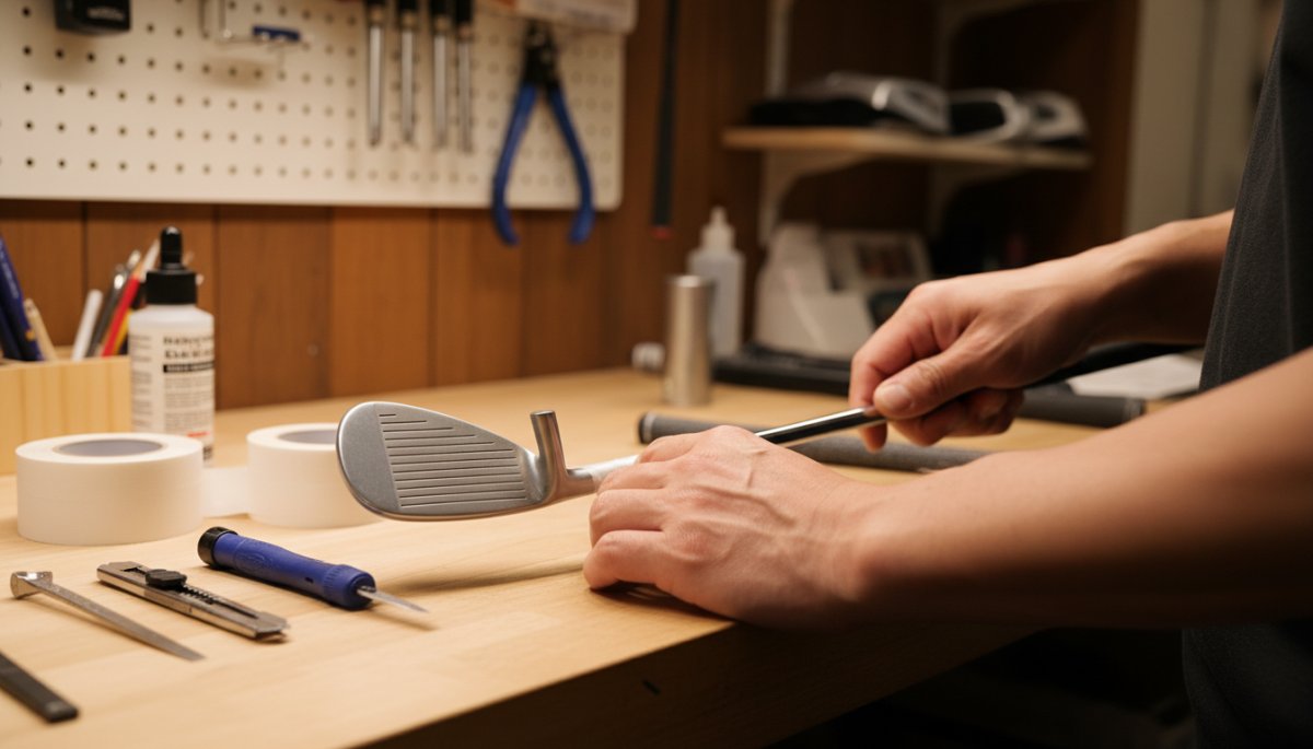 グリップ交換作業中の職人の手元