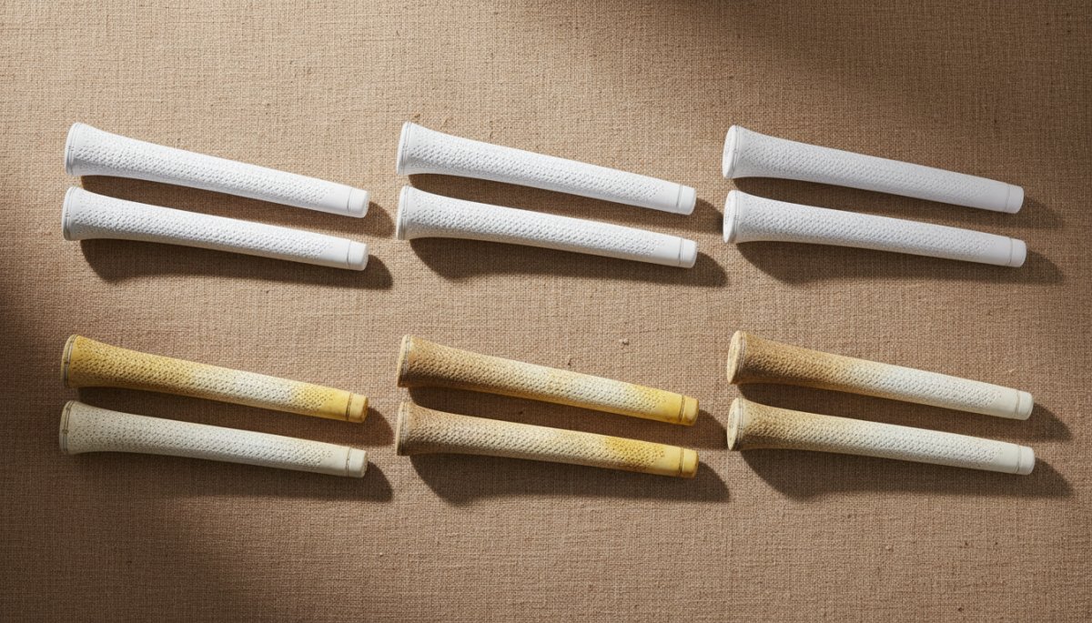 新品と劣化したゴルフグリップの色の違いを示す比較