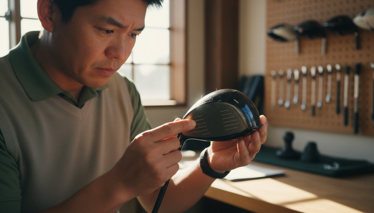 ドライバークラウンの傷を確認するゴルファー