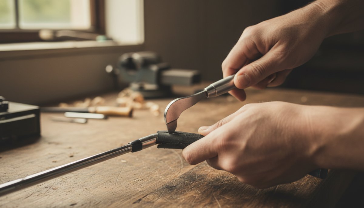 グリップカッターで古いグリップを切る作業