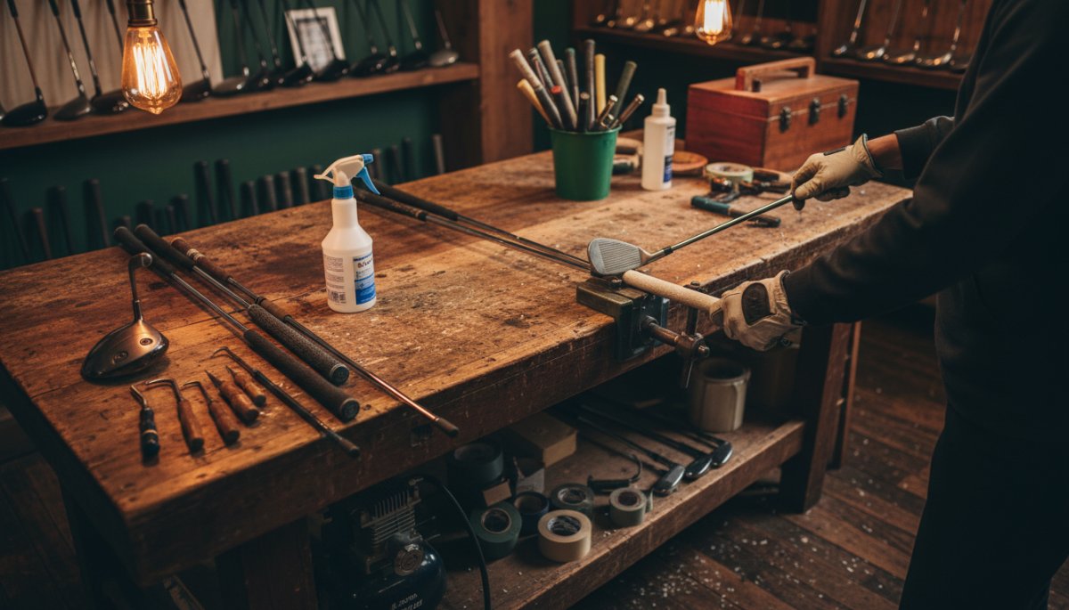 ゴルフグリップ交換の作業風景