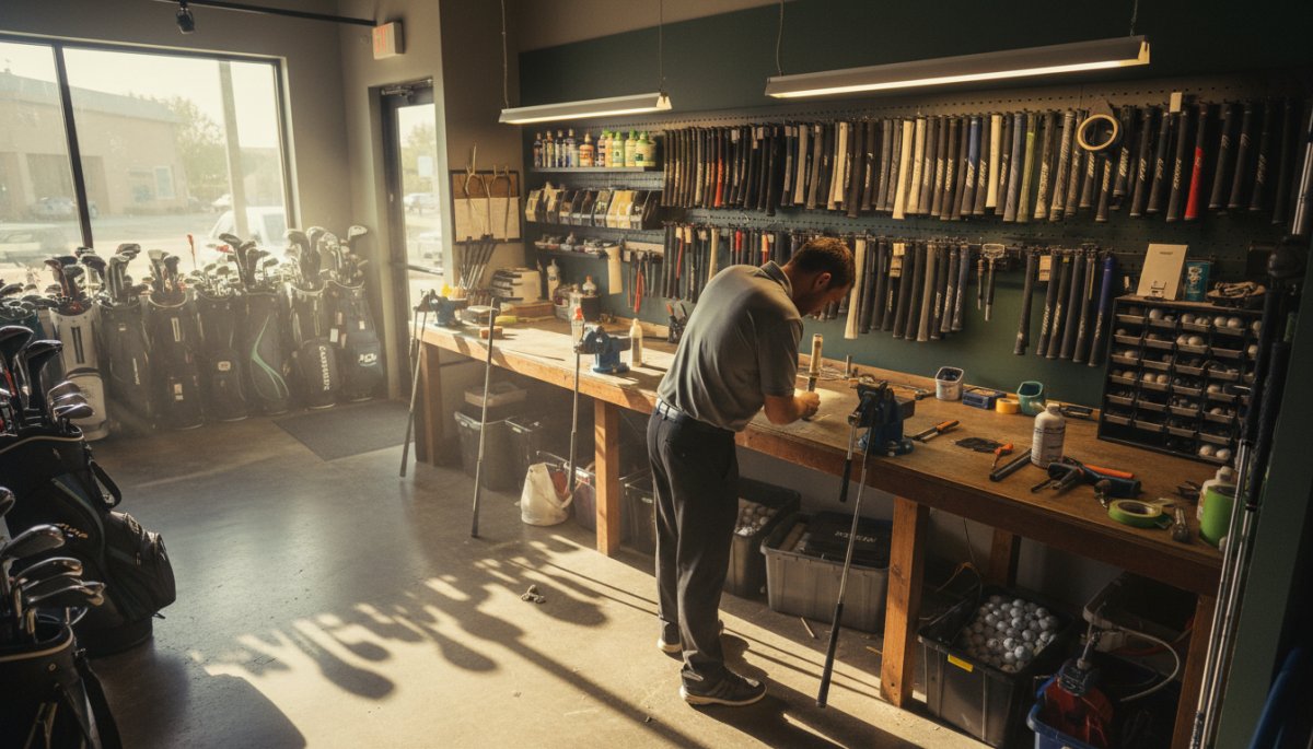 ゴルフショップでのグリップ交換作業風景