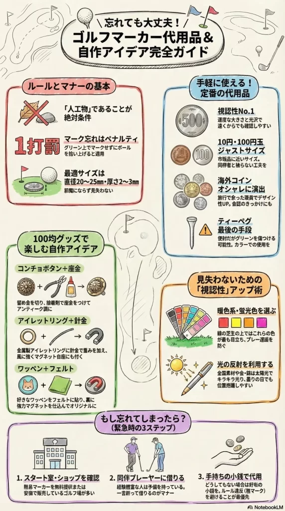 ゴルフマーカー代用に自然物はNG?ルールと正しい代用品の選び方